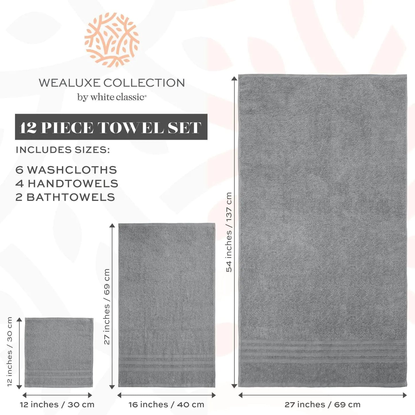 Wealuxe 12-Piece Cotton Towel Set – Light Gray
